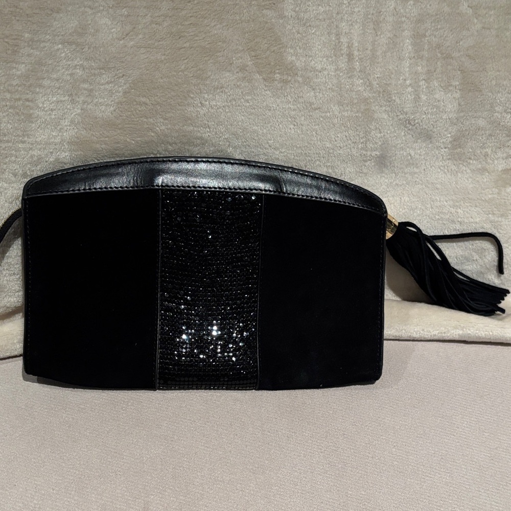 BCBGMaxAzria Black Sequin and Suede Clutch with Tassel